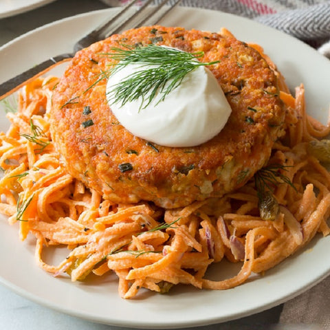 Salmon Burger with Sweet Potatoes Noodles