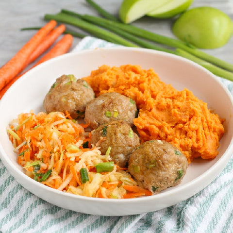 Turkey Meatballs with Mashed Sweet Potatoes & Apple-Carrot Slaw